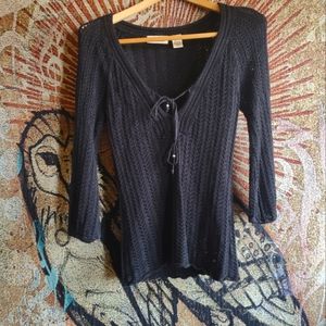 Vintage Whimsygoth DKNY 3/4 sleeve Deep V neck with ties knit textured top